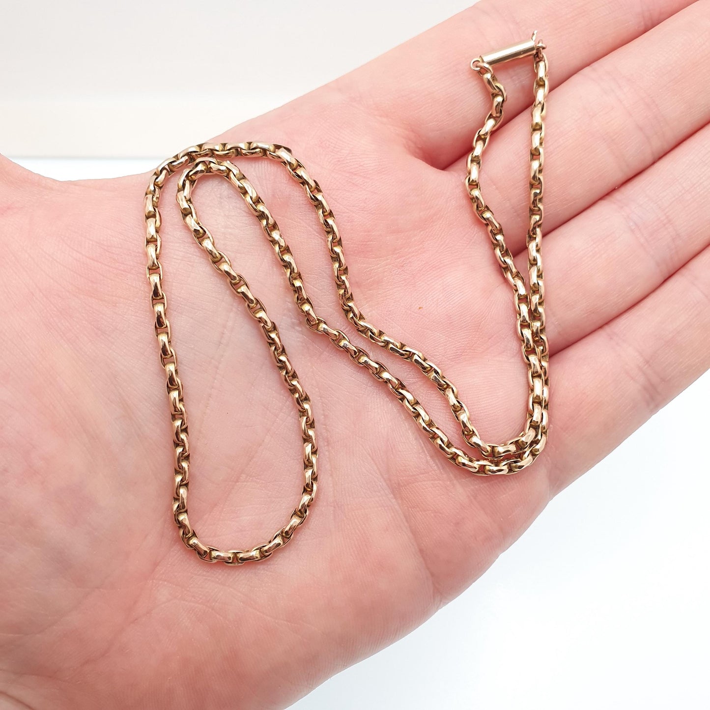 Antique Victorian 9ct 9k Gold Chain Necklace Cable Belcher Link Guard Solid 375 49cm 19.2" 8.97g Vintage Jewelry