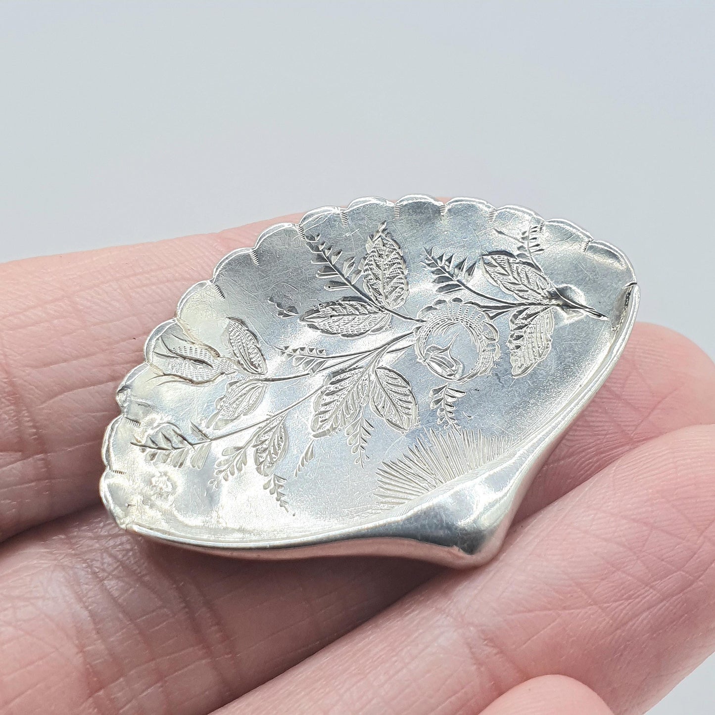 Antique Victorian Solid Silver Fan Brooch Flower Engraved Unique Floral Leaf Womens Jewelry  Men’s Jewellery