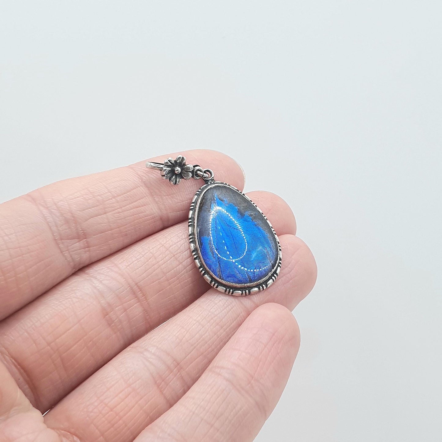 Antique Art Deco Sterling Silver Butterfly Wing Pendant TLM Thomas L Mott Vintage 1920s Blue Bug Fly Insect Jewelry Jewellery Womens