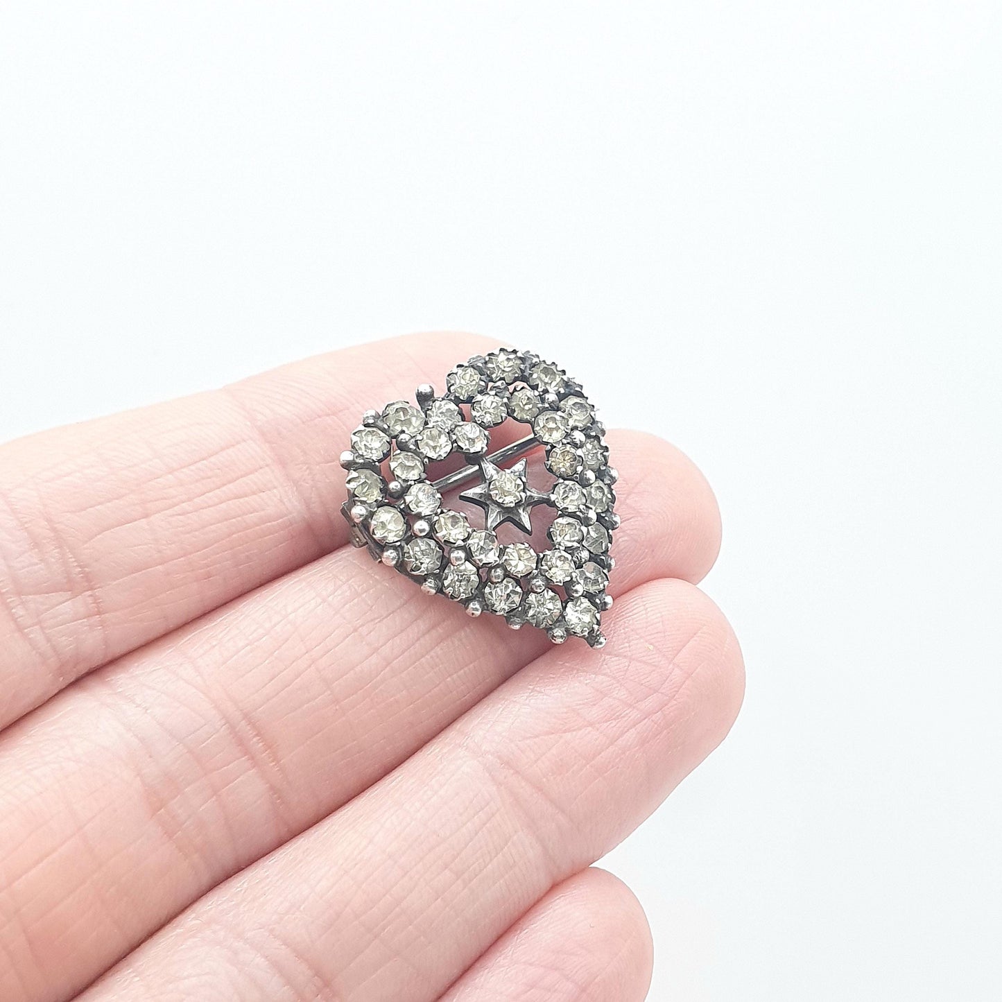 Antique Victorian Solid Silver Heart & Star Brooch Diamond Paste Cute Womens Mens Gift Jewelry Jewellery