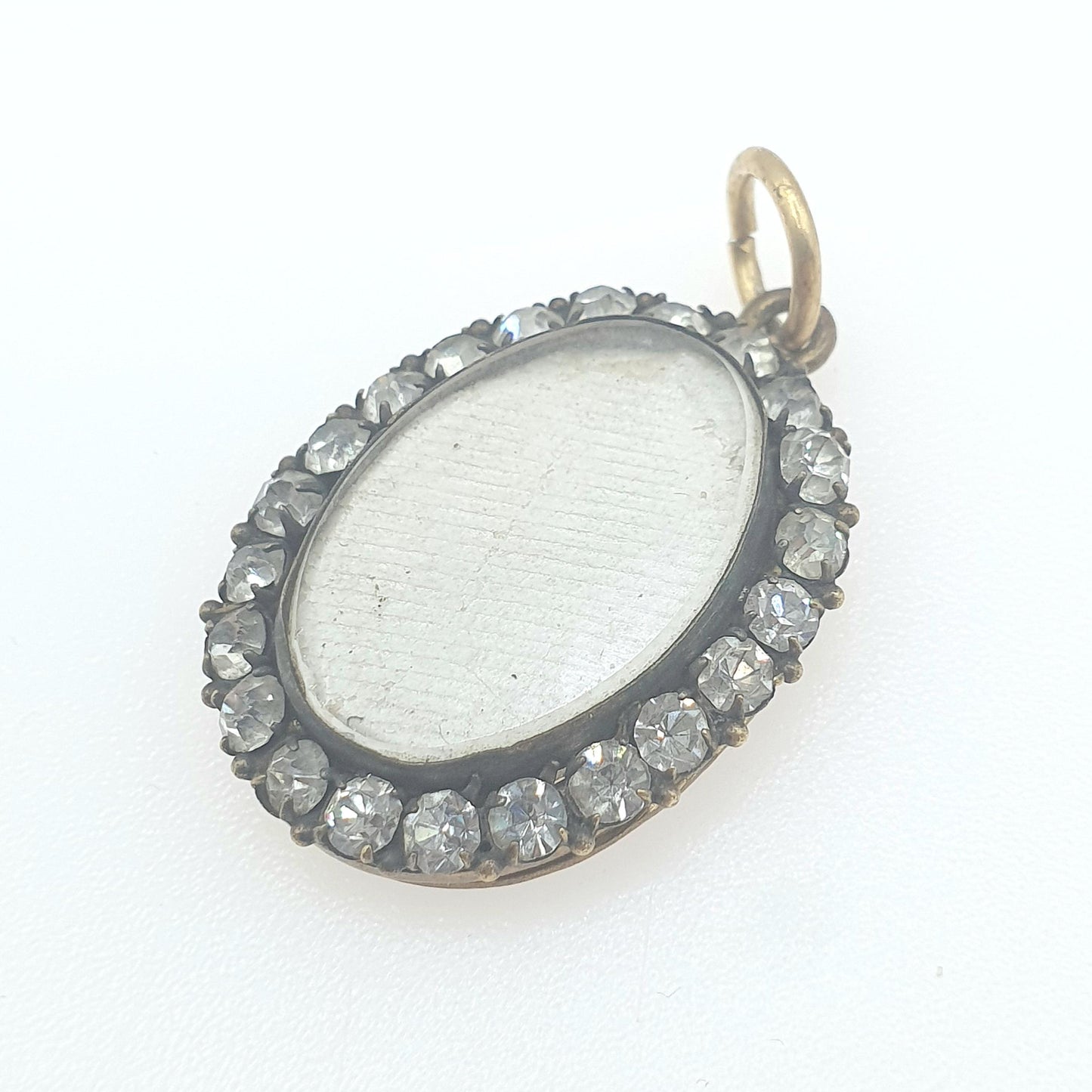 Antique Victorian Diamond Paste Locket Pendant Necklace Gold Tone Base Metal Picture Photo Womens Vintage Jewelry Jewellery