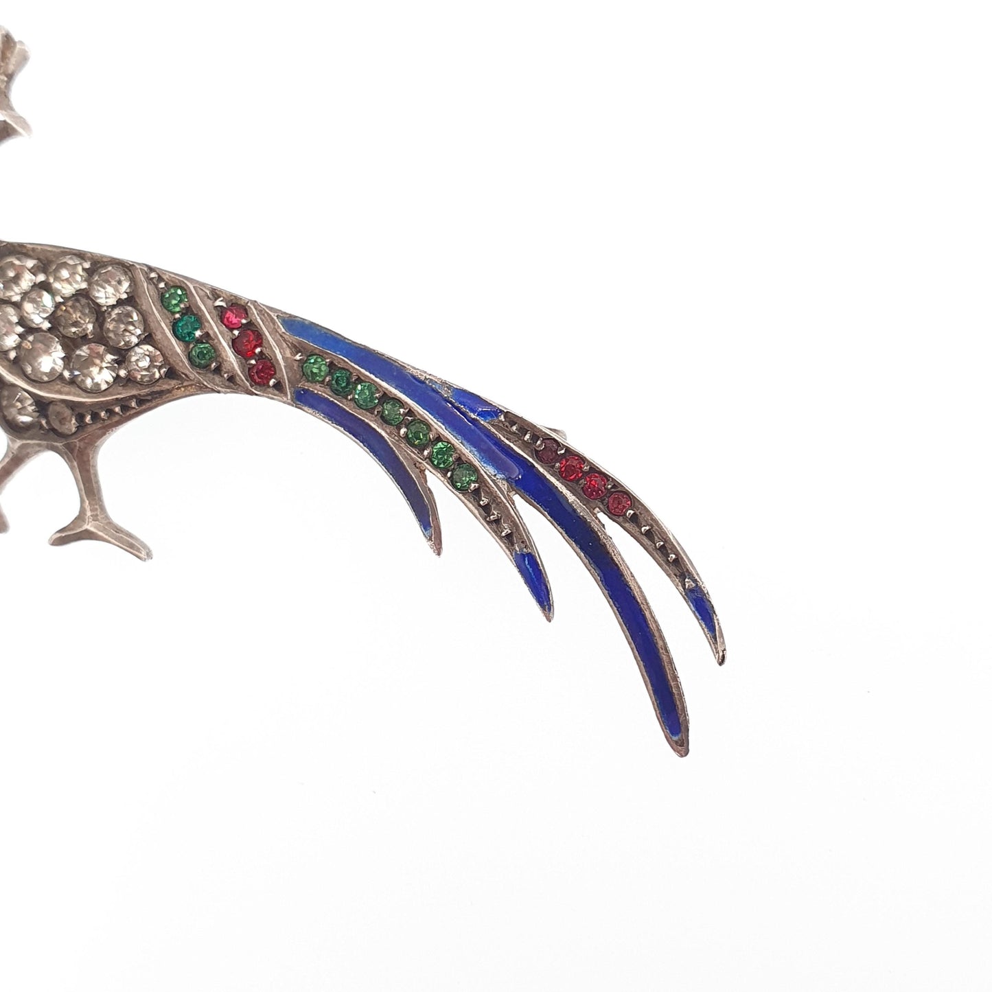 Antique Solid Silver Peacock Paste Brooch Enamel Exotic Bird Colourful Green Blue Vintage Animal Birds Sparkly Womens Jewelry Jewellery