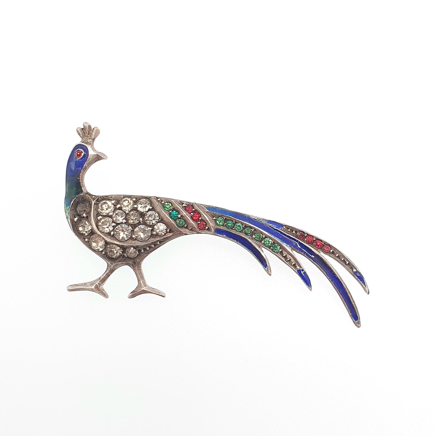 Antique Solid Silver Peacock Paste Brooch Enamel Exotic Bird Colourful Green Blue Vintage Animal Birds Sparkly Womens Jewelry Jewellery