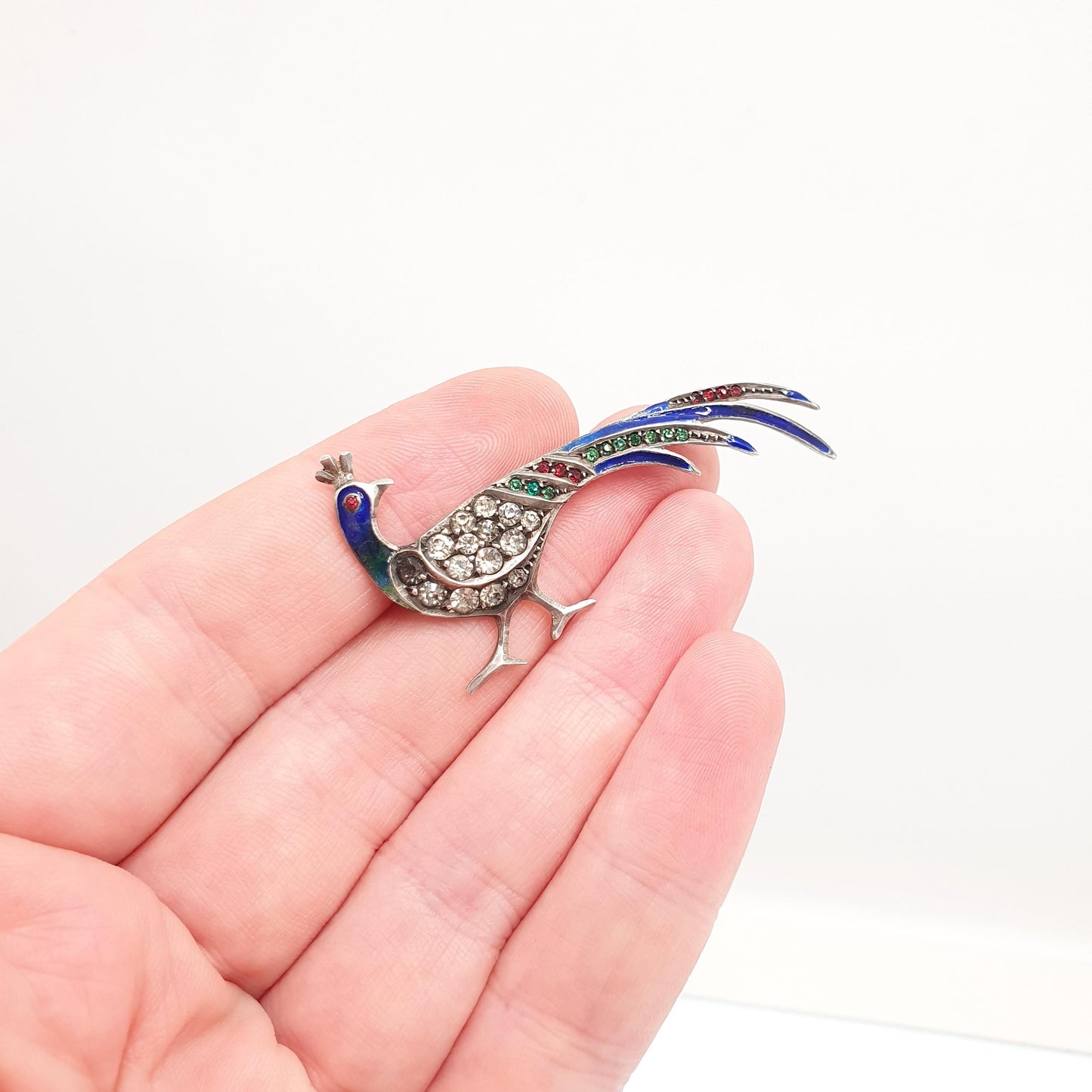 Antique Solid Silver Peacock Paste Brooch Enamel Exotic Bird Colourful Green Blue Vintage Animal Birds Sparkly Womens Jewelry Jewellery