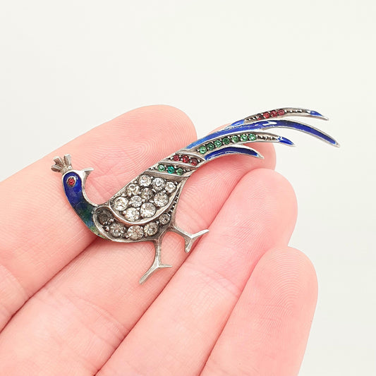 Antique Solid Silver Peacock Paste Brooch Enamel Exotic Bird Colourful Green Blue Vintage Animal Birds Sparkly Womens Jewelry Jewellery