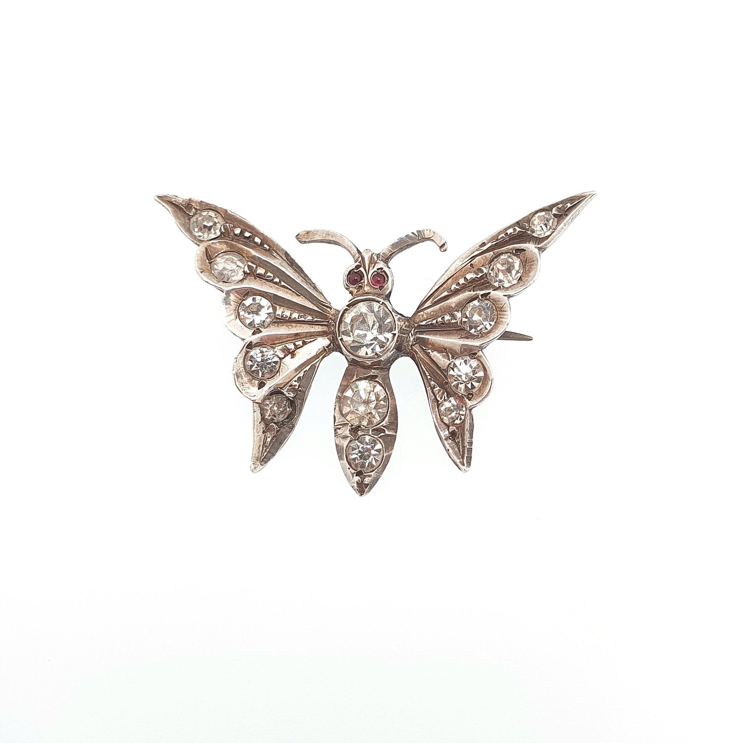 Antique Victorian Sterling Silver Butterfly Paste Brooch Diamond Tone & Ruby Tone Insect Bug Handmade Vintage Jewellery Jewelry