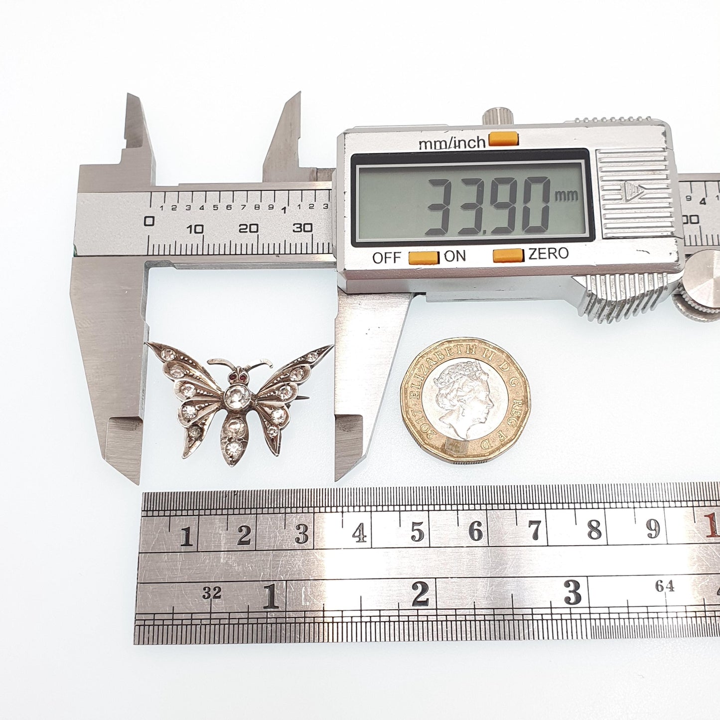 Antique Victorian Sterling Silver Butterfly Paste Brooch Diamond Tone & Ruby Tone Insect Bug Handmade Vintage Jewellery Jewelry