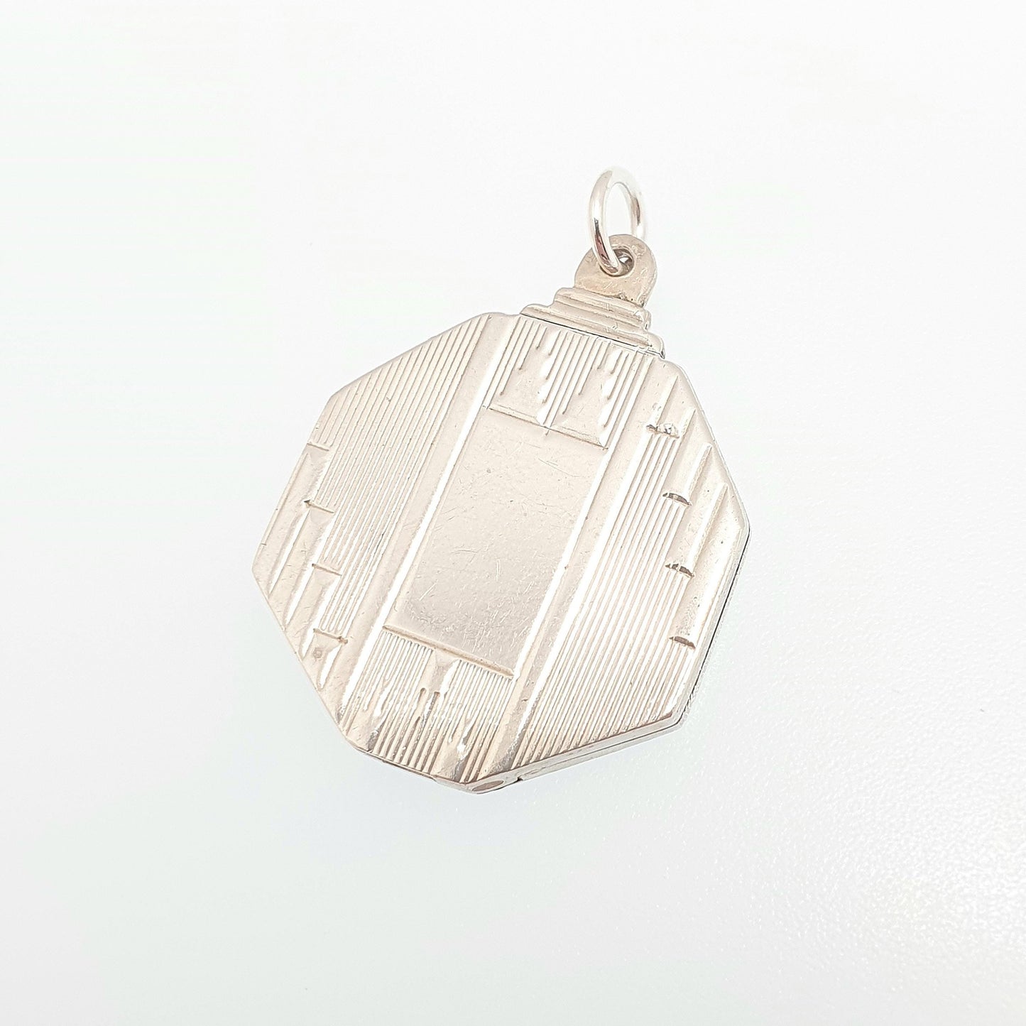Antique Sterling Silver Locket Art Deco Octagonal Shape Geometric Pattern Necklace Pendant 1920s Picture Photo Jewelry Vintage Jewellery