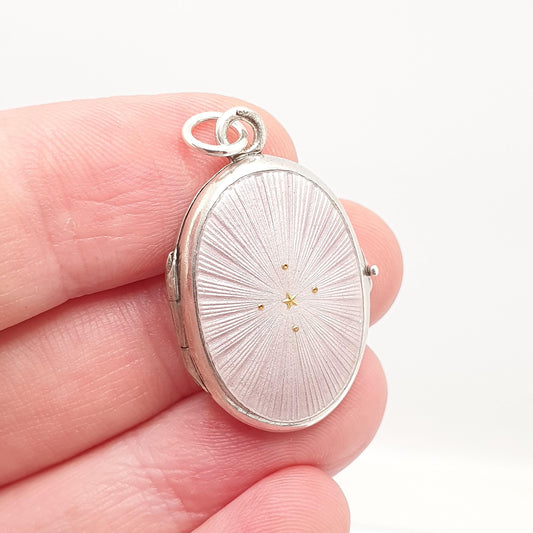 Antique Enamel Solid Silver Locket Gold Star Lilac Edwardian Purple Pendant Oval Photo Picture Solid 925 Jewelry Jewelry