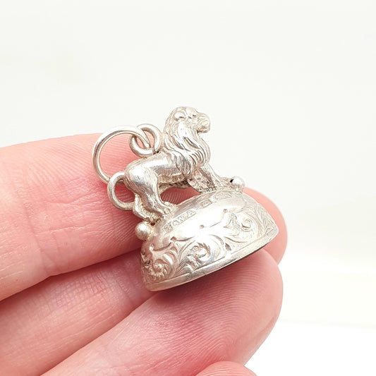Antique Sterling Silver Lion Fob Pendant Necklace Carnelian Hallmarked Gemstone Big Cat Animal Vintage Womans Jewellery Jewelry