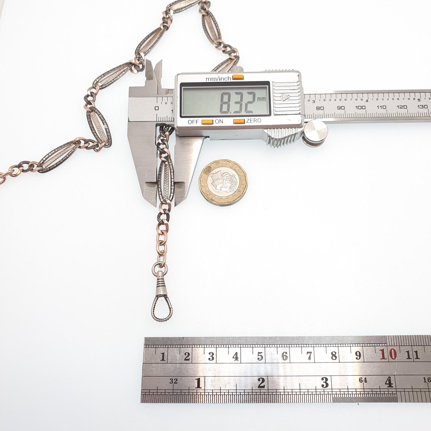 Antique Solid Silver Niello Albert Chain Necklace Rose Gold Figaro Curb Link Dog Clip 41cm 16.1" 21.27g Dog Clip Long Old Vintage