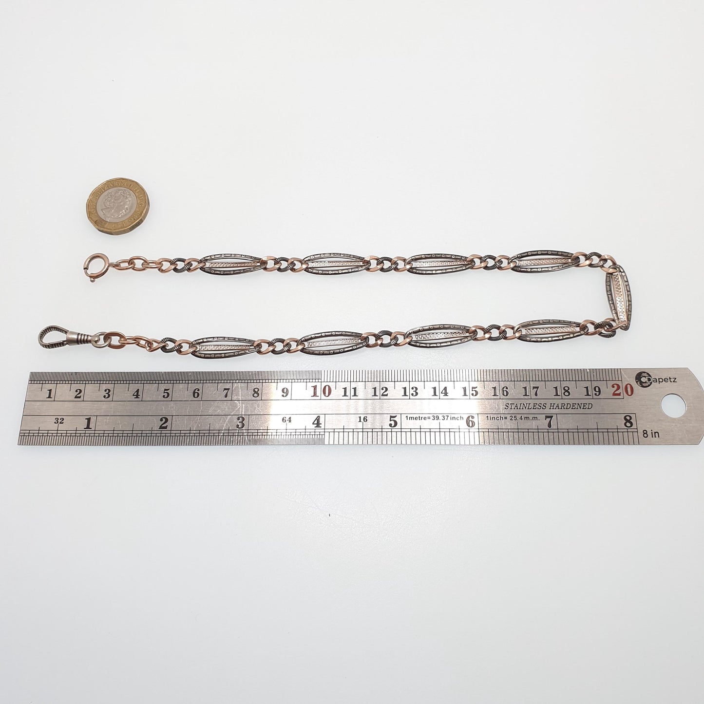 Antique Solid Silver Niello Albert Chain Necklace Rose Gold Figaro Curb Link Dog Clip 41cm 16.1" 21.27g Dog Clip Long Old Vintage