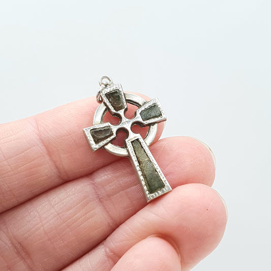 Antique Solid Silver Celtic Cross Connemara Marble Pendant Gaelic Irish Necklace Jewelry Jewellery Womens Mens Crucifix