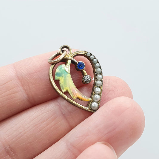 Antique Rolled Gold Front Enamel & Paste Heart Pendant Faux Seed Pearl Multicoloured Womens Jewelry Vintage Jewellery