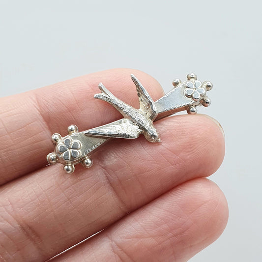 Antique Sterling Silver Bird Brooch Sweetheart Swallow Gift Vintage Flower Songbird Cute Jewelry Jewellery Womens Mens
