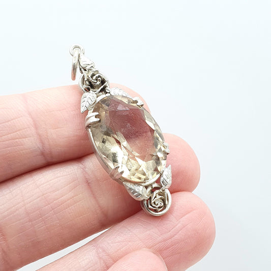 Antique Art Nouveau Solid Silver Natural Citrine Pendant Oval Cut Rose Decoration Vintage Real Gemstone Quartz Women’s Necklace Jewellery