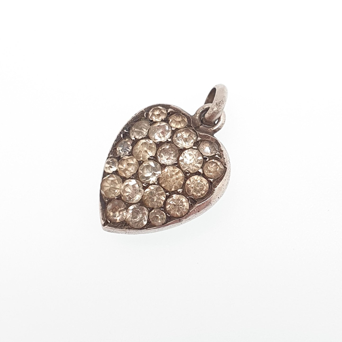 Antique Solid Silver Diamond Paste Heart Pendant Necklace Victorian Puffer Charm Old Cut Ornate Sparkly Vintage Womens Jewellery Jewelry