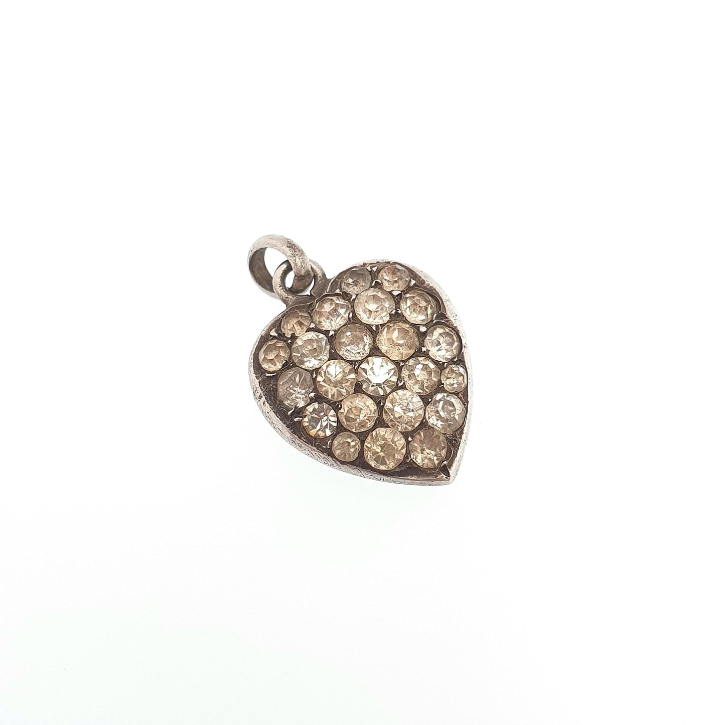 Antique Solid Silver Diamond Paste Heart Pendant Necklace Victorian Puffer Charm Old Cut Ornate Sparkly Vintage Womens Jewellery Jewelry