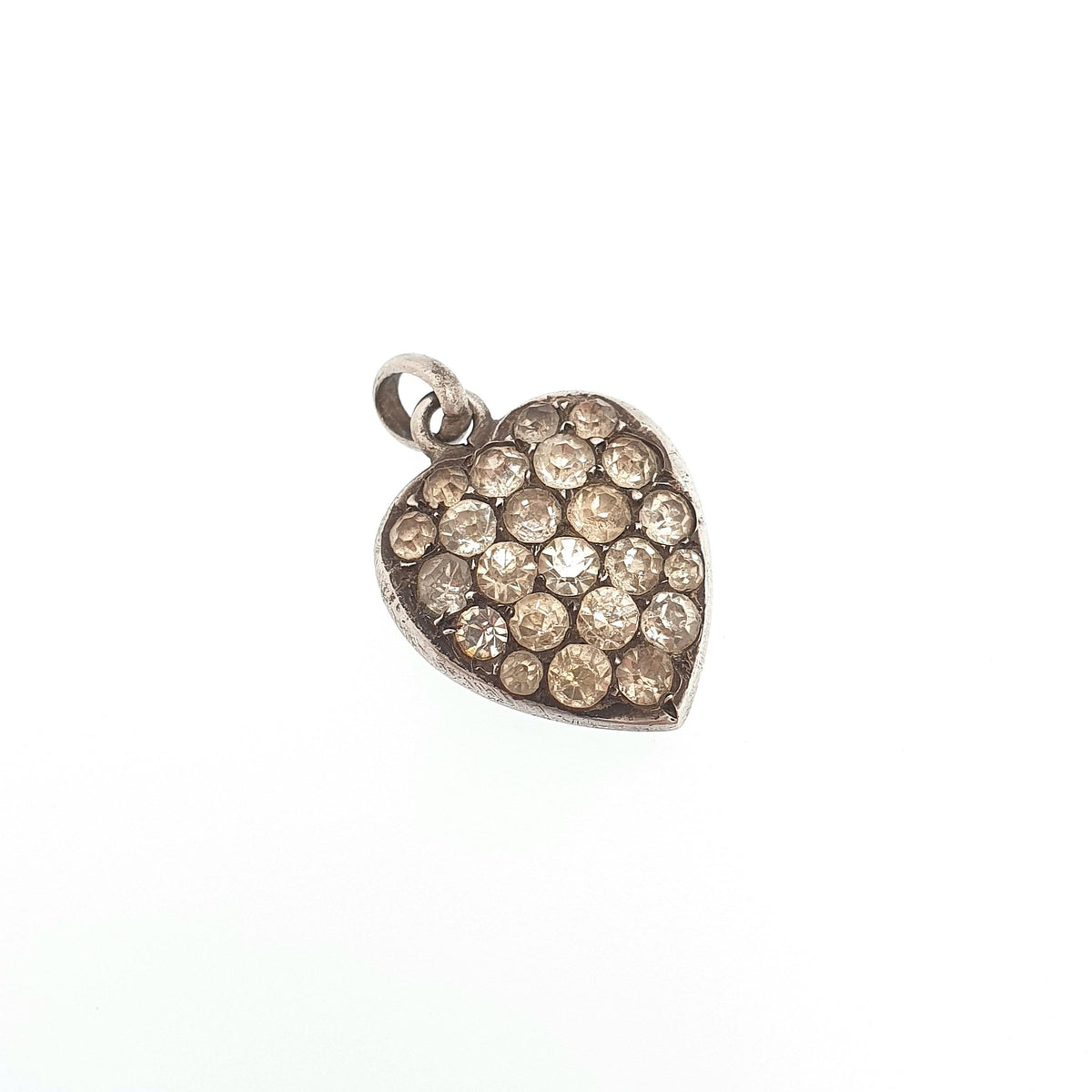 Antique Solid Silver Diamond Paste Heart Pendant Necklace Victorian Puffer Charm Old Cut Ornate Sparkly Vintage Womens Jewellery Jewelry