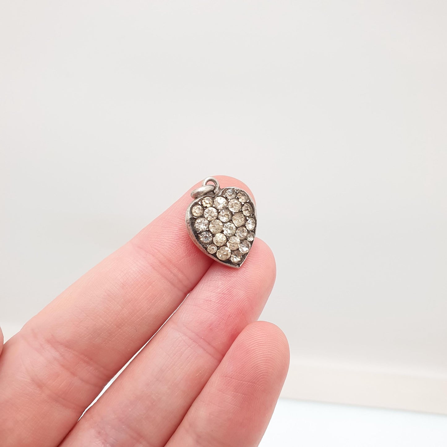 Antique Solid Silver Diamond Paste Heart Pendant Necklace Victorian Puffer Charm Old Cut Ornate Sparkly Vintage Womens Jewellery Jewelry
