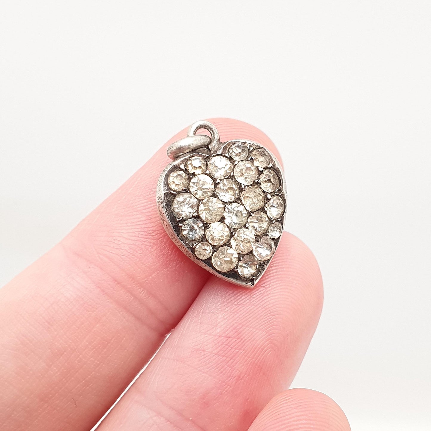 Antique Solid Silver Diamond Paste Heart Pendant Necklace Victorian Puffer Charm Old Cut Ornate Sparkly Vintage Womens Jewellery Jewelry