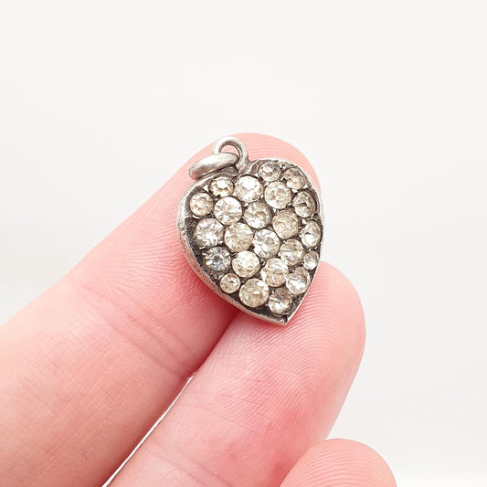 Antique Solid Silver Diamond Paste Heart Pendant Necklace Victorian Puffer Charm Old Cut Ornate Sparkly Vintage Womens Jewellery Jewelry