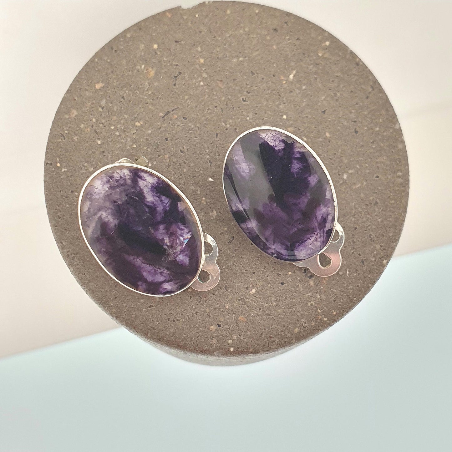 Vintage Blue John Sterling Silver Earrings Oval Cabochon Clip On Bleu Jaune Womens Solid 925 Gemstone Jewelry Jewellery