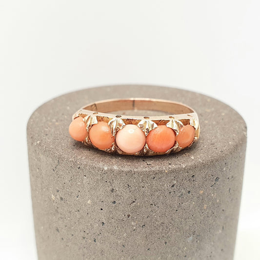 Antique Victorian 15ct Gold Coral Ring Natural Gemstone 5 Stone Solid 15 Carat Rare Pink Angel 1800s Vintage Jewellery Jewelry