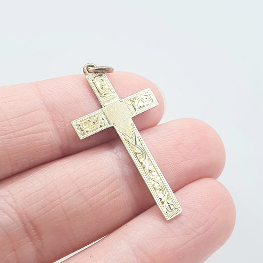Antique 9ct Gold Front Solid Silver Crucifix Cross Pendant Hand Engraved Catholic Christian Religious Mens Womens Jewelry Jewellery