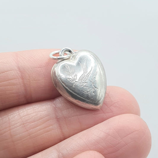 Antique Solid Silver Bird Heart Charm Pendant Small Gift Cute Unisex Vintage Womens Necklace Jewellery Jewelry