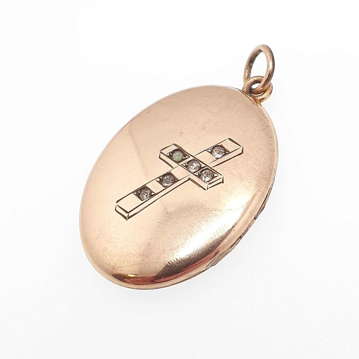 Antique Rolled Gold Cross Locket Diamond Paste Crucifix Gold Filled Sparkly Oval Rare Photo Womens Vintage Jewelry Jewellery