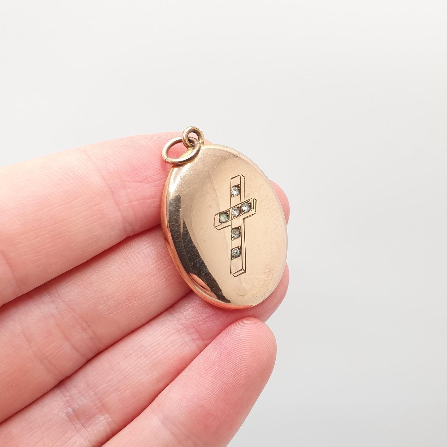 Antique Rolled Gold Cross Locket Diamond Paste Crucifix Gold Filled Sparkly Oval Rare Photo Womens Vintage Jewelry Jewellery