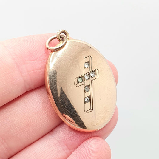 Antique Rolled Gold Cross Locket Diamond Paste Crucifix Gold Filled Sparkly Oval Rare Photo Womens Vintage Jewelry Jewellery