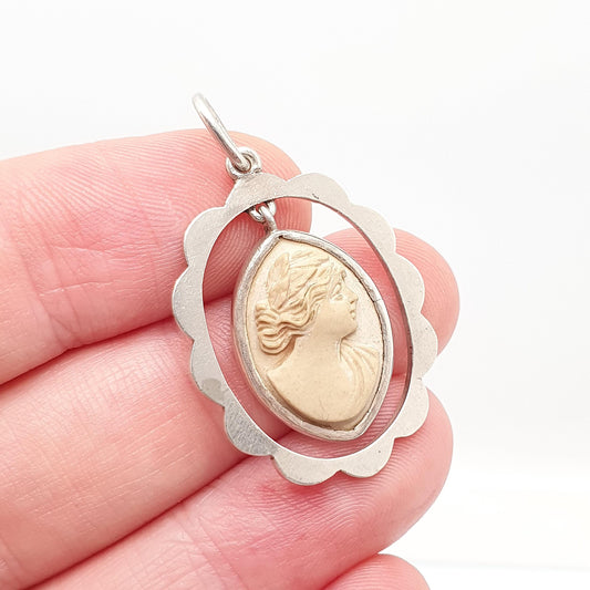 Antique Solid Silver Lava Cameo Pendant Necklace Victorian Genuine Hand Carved High Hanging Vintage Womens Jewelry Jewellery