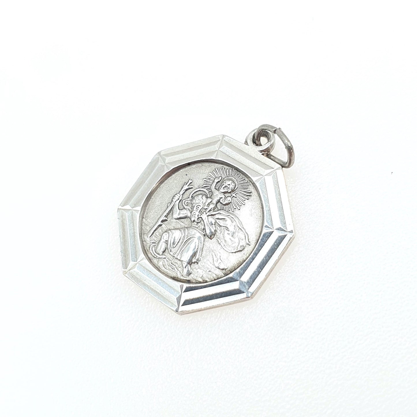 GEORG JENSEN Vintage Sterling Silver St Christopher Pendant Small Octagonal One Sided Saint Jewellery Jewelry Men Women 925 Travel