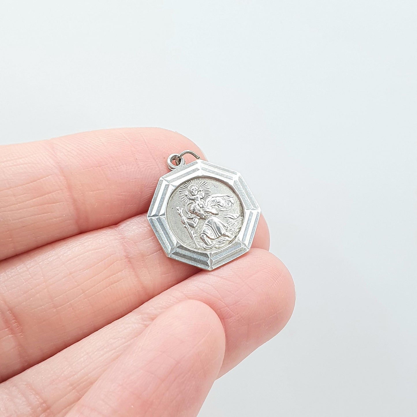 GEORG JENSEN Vintage Sterling Silver St Christopher Pendant Small Octagonal One Sided Saint Jewellery Jewelry Men Women 925 Travel