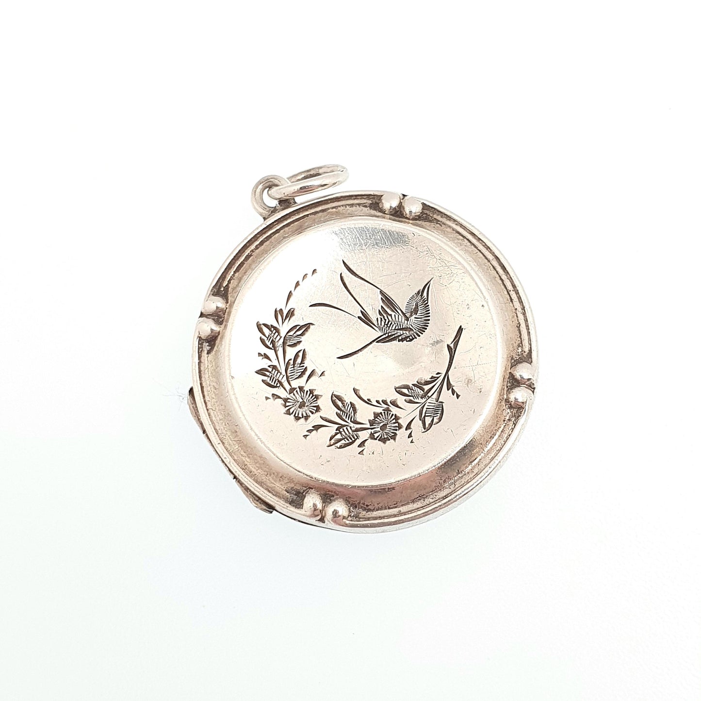 Antique Sterling Silver Bird Locket Round Circle Hand Engraved Necklace Vintage Pendant Picture Photo Jewelry Jewellery