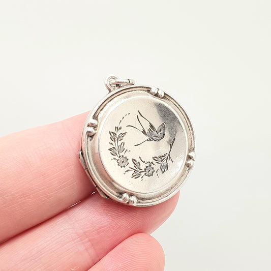 Antique Sterling Silver Bird Locket Round Circle Hand Engraved Necklace Vintage Pendant Picture Photo Jewelry Jewellery