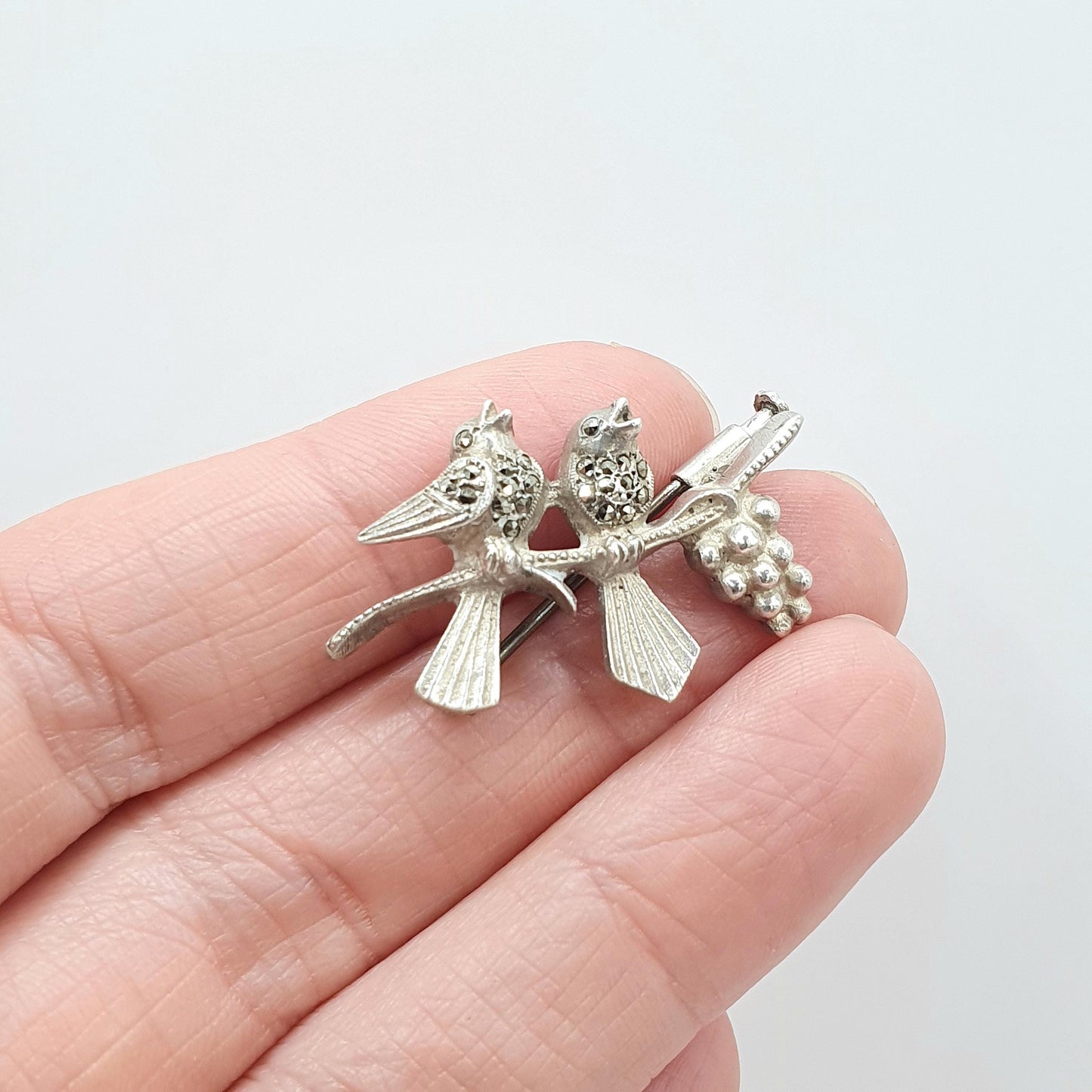 Antique Art Deco Solid Silver Bird Brooch Pair of Songbirds Grape Grapevine Marcasite Birds Womens Jewelry Jewellery