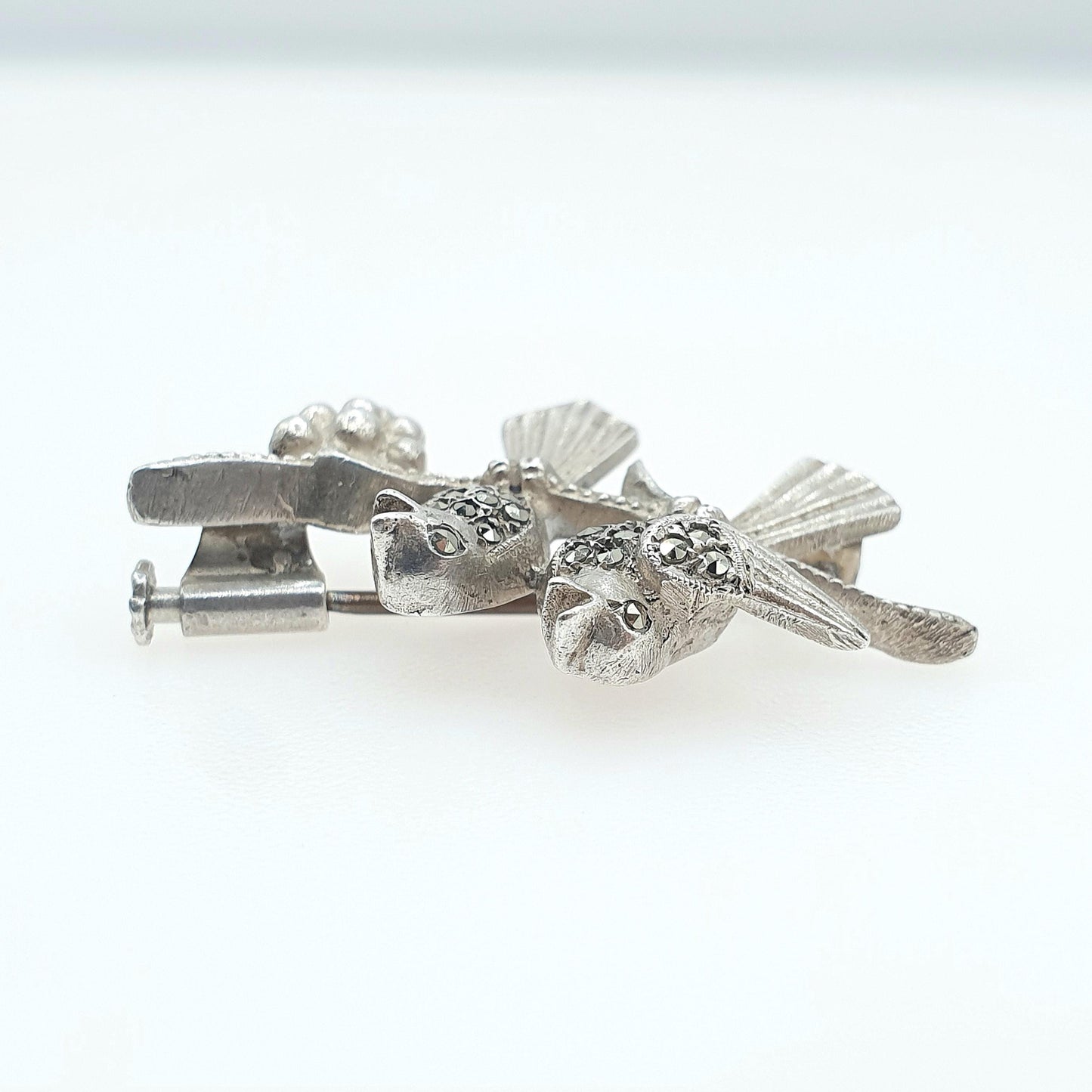 Antique Art Deco Solid Silver Bird Brooch Pair of Songbirds Grape Grapevine Marcasite Birds Womens Jewelry Jewellery