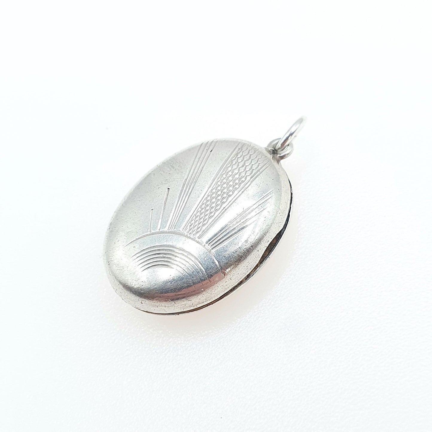 Antique Solid Silver Oval Locket Art Deco Sunburst Sun Back and Front Hand Engraved Pendant Necklace Womens Unisex Jewelry Jewellery