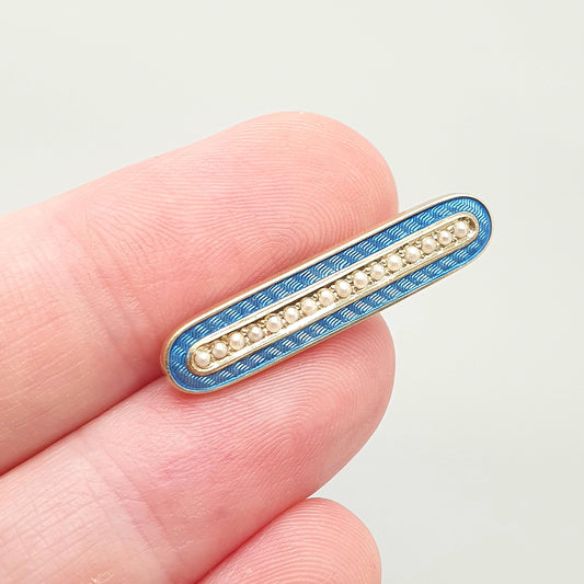 Antique 14k Gold Scandinavian Enamel Brooch Seed Pearl Sky Blue Champleve Solid 14kt Womens Vintage Jewelry Jewellery