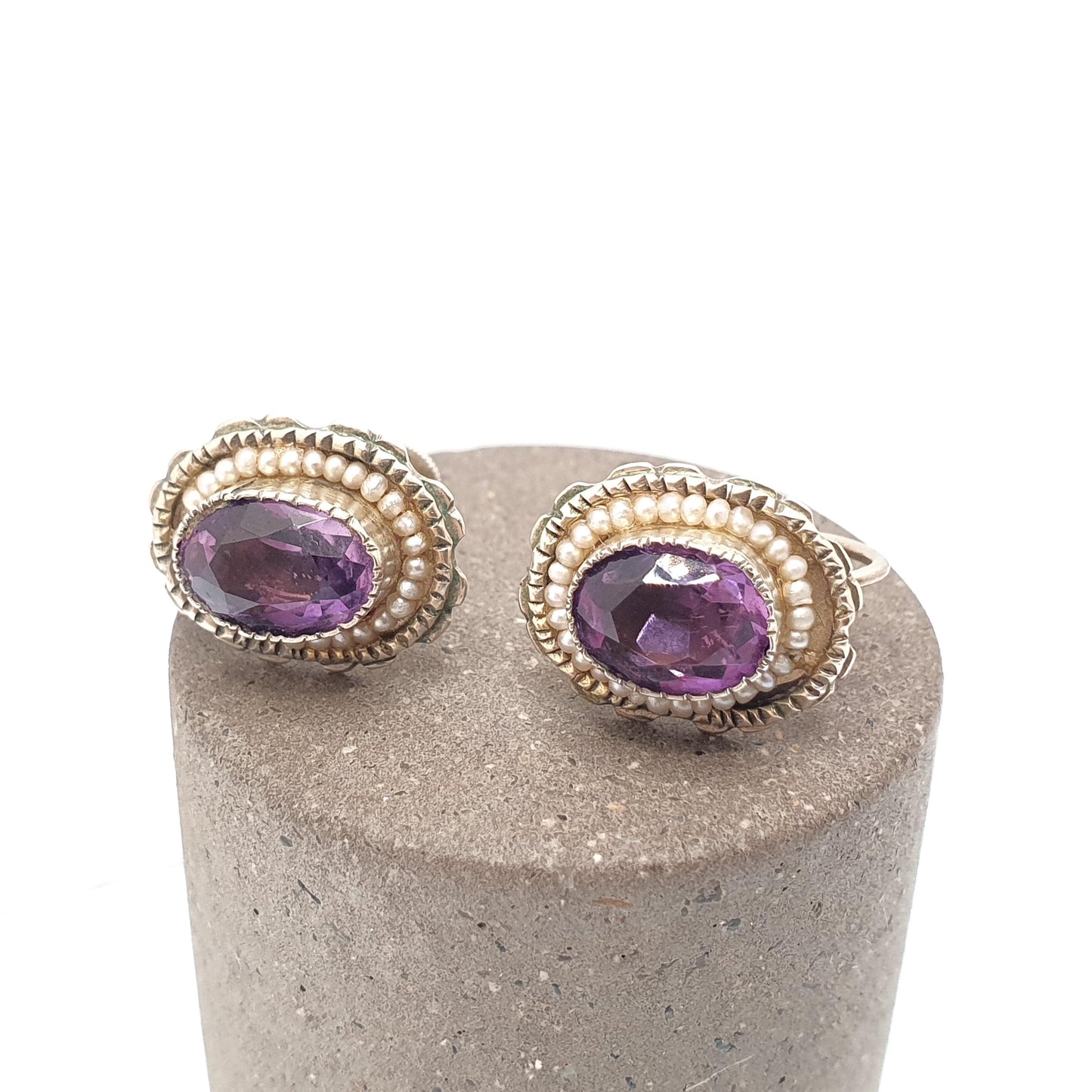 Antique Solid Silver Natural Amethyst Earrings Seed Pearl Border Gold Vermeil Genuine Gemstone Quartz Vintage Jewelry