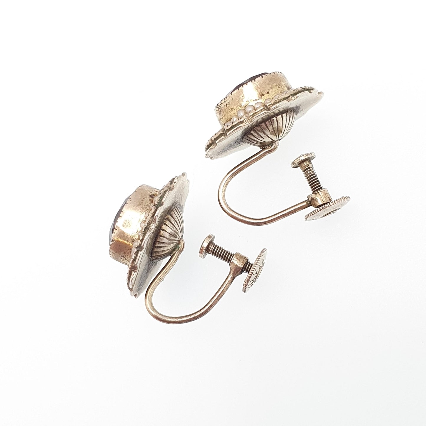 Antique Solid Silver Natural Amethyst Earrings Seed Pearl Border Gold Vermeil Genuine Gemstone Quartz Vintage Jewelry
