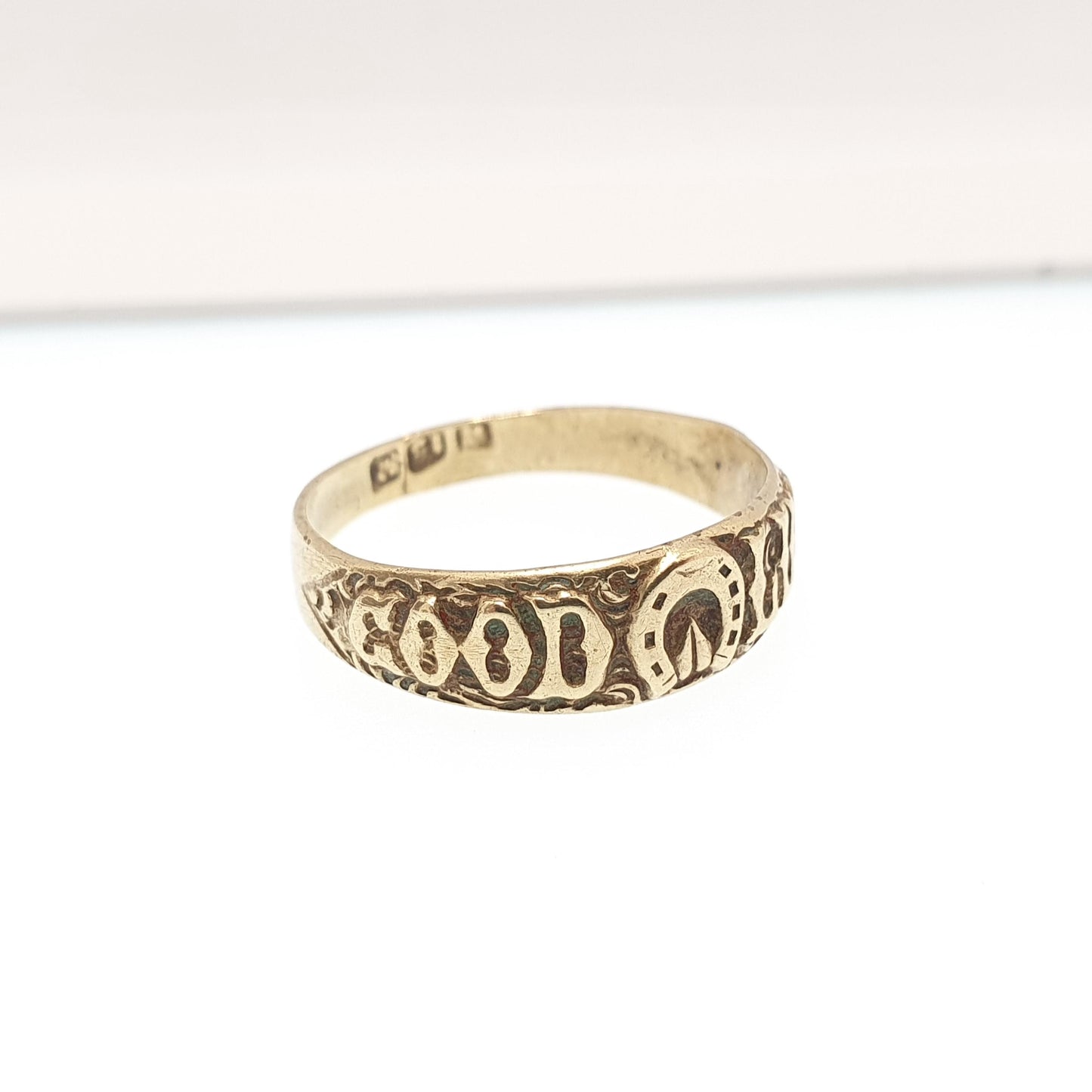 Antique Victorian Genuine Pinchbeck GOOD LUCK Ring Horseshoe Lucky Band Gold Tone Mens Vintage Rare Jewelry Jewellery