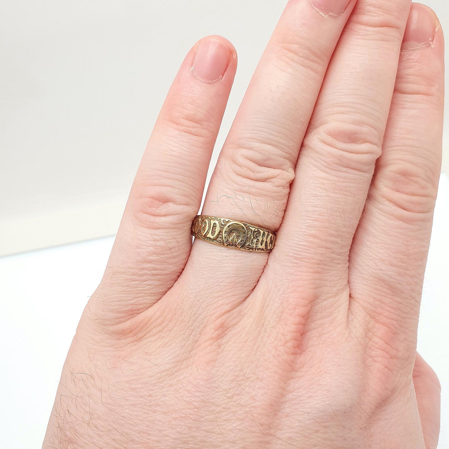 Antique Victorian Genuine Pinchbeck GOOD LUCK Ring Horseshoe Lucky Band Gold Tone Mens Vintage Rare Jewelry Jewellery