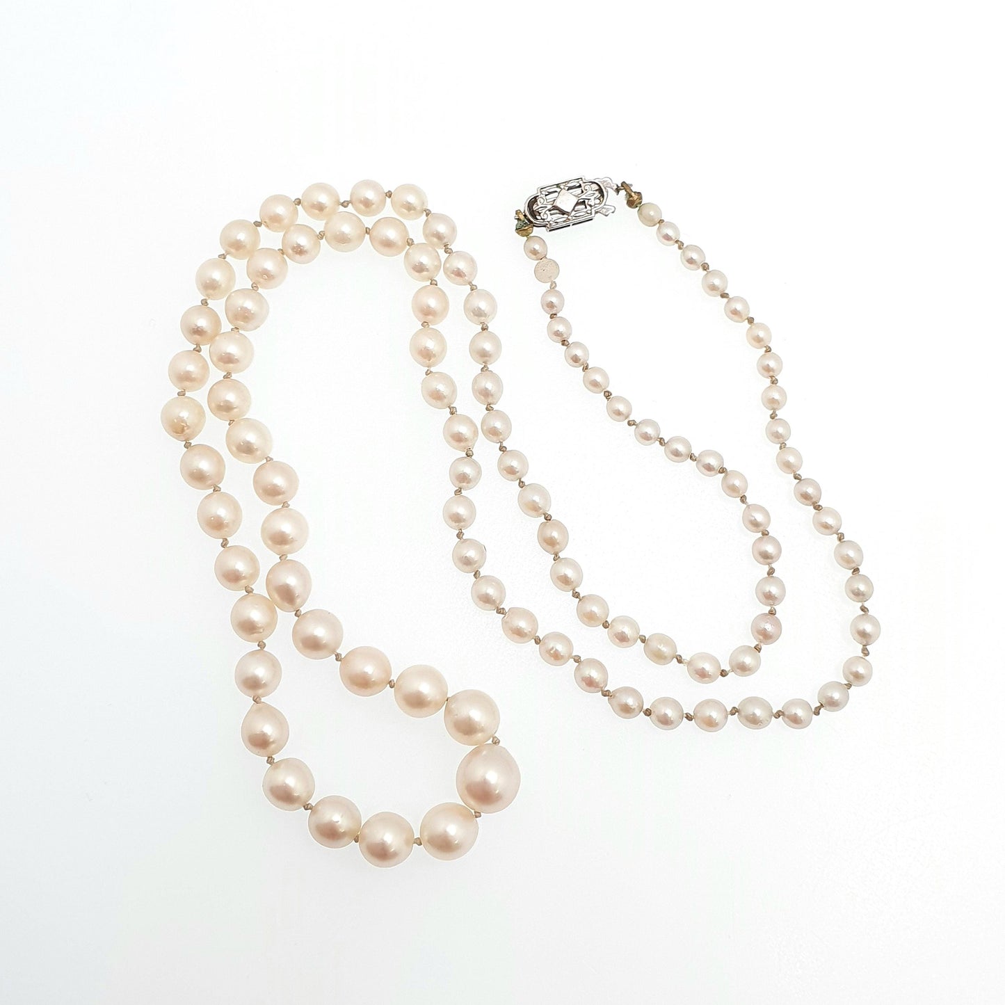 Antique Art Deco 9ct 9k Cultured Pearl Necklace White Gold Clasp 14.15g 55cm Long Vintage Genuine Real Pearls Jewelry Jewellery