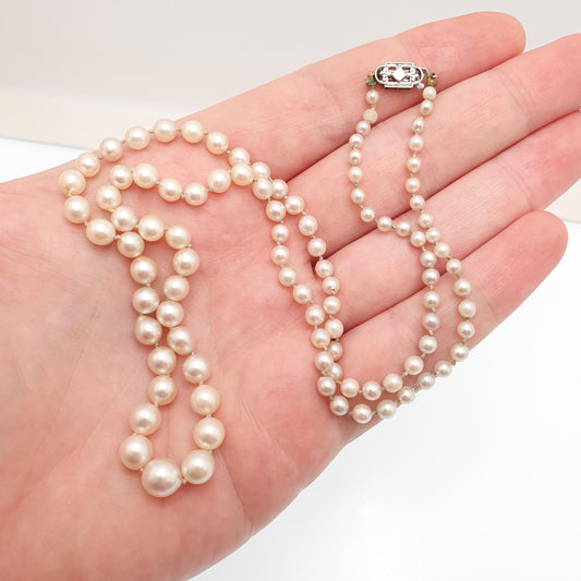 Antique Art Deco 9ct 9k Cultured Pearl Necklace White Gold Clasp 14.15g 55cm Long Vintage Genuine Real Pearls Jewelry Jewellery