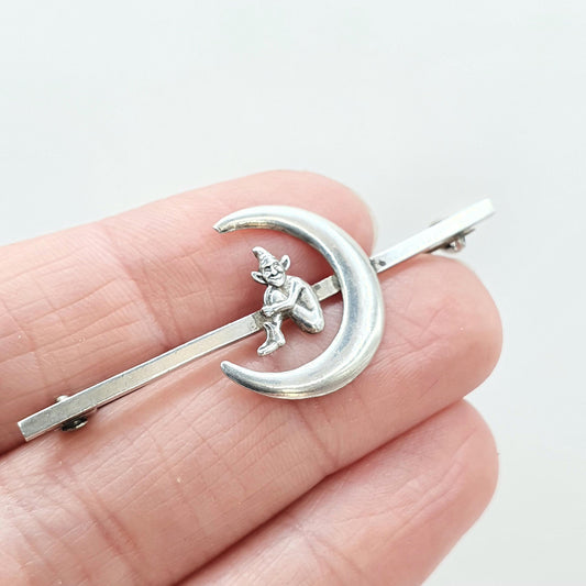 Antique Sterling Silver Cornish Imp in Crescent Moon Brooch Mythical Celestial Unique Fantasy Womens Men’s Jewellery Jewelry