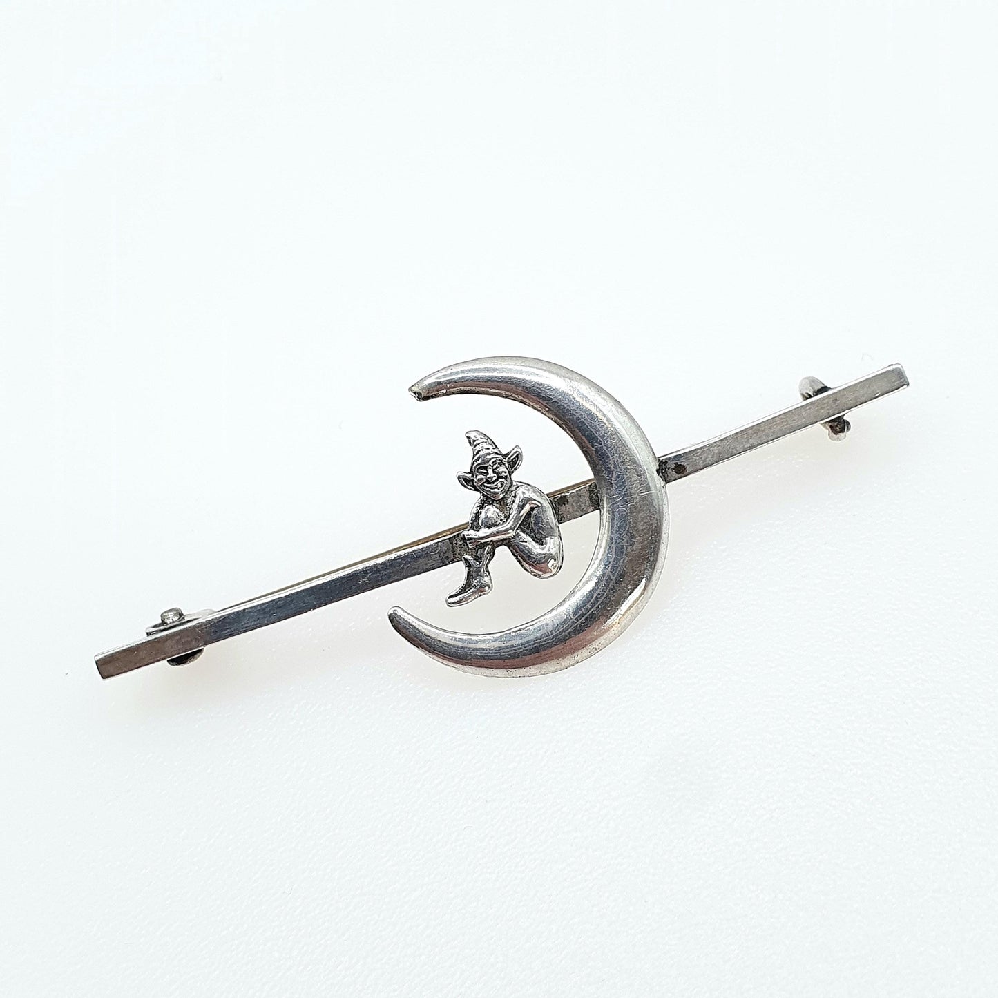 Antique Sterling Silver Cornish Imp in Crescent Moon Brooch Mythical Celestial Unique Fantasy Womens Men’s Jewellery Jewelry